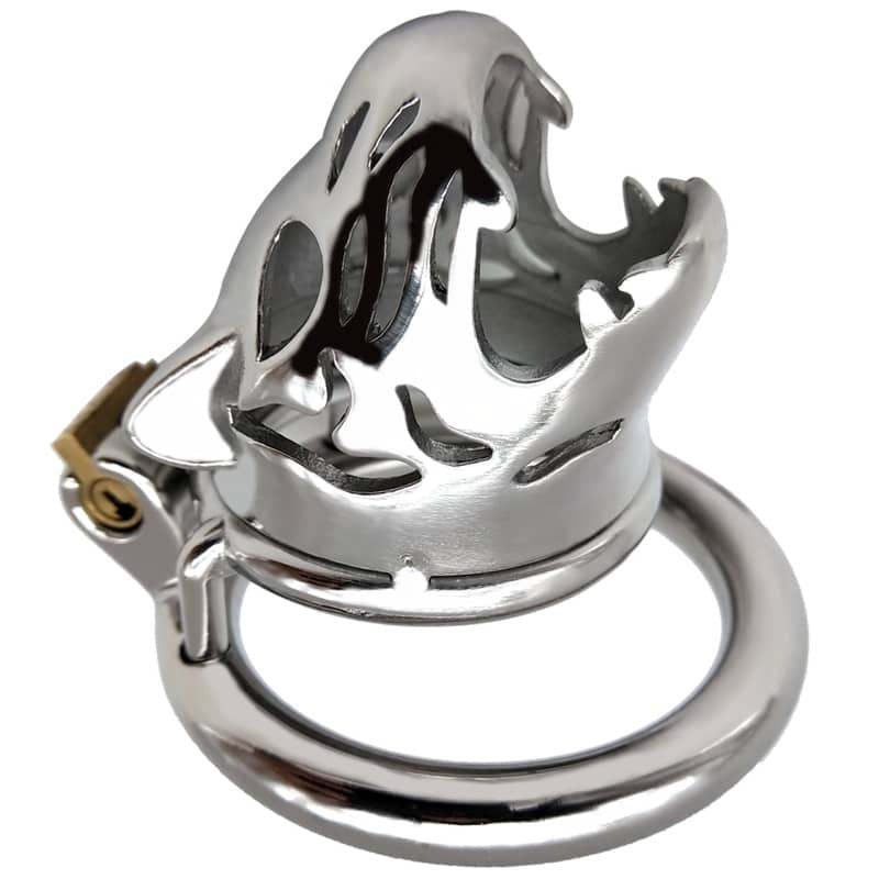 Stainless Steel Leopard Tiger Head Chastity Cage, Male Cock Ring - 50 Shades of Toys