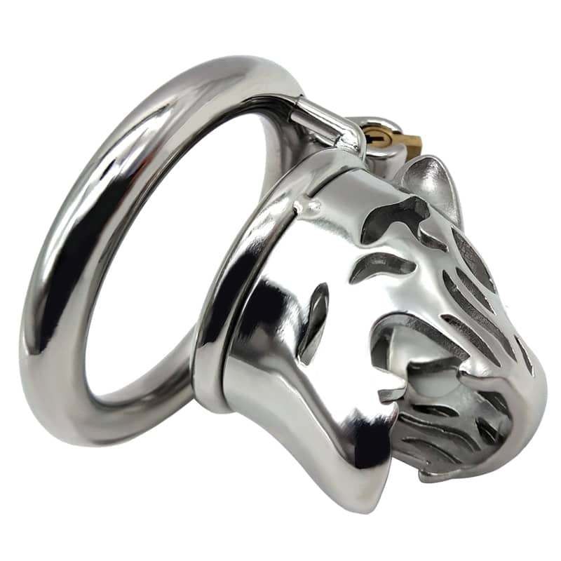 Stainless Steel Leopard Tiger Head Chastity Cage, Male Cock Ring - 50 Shades of Toys