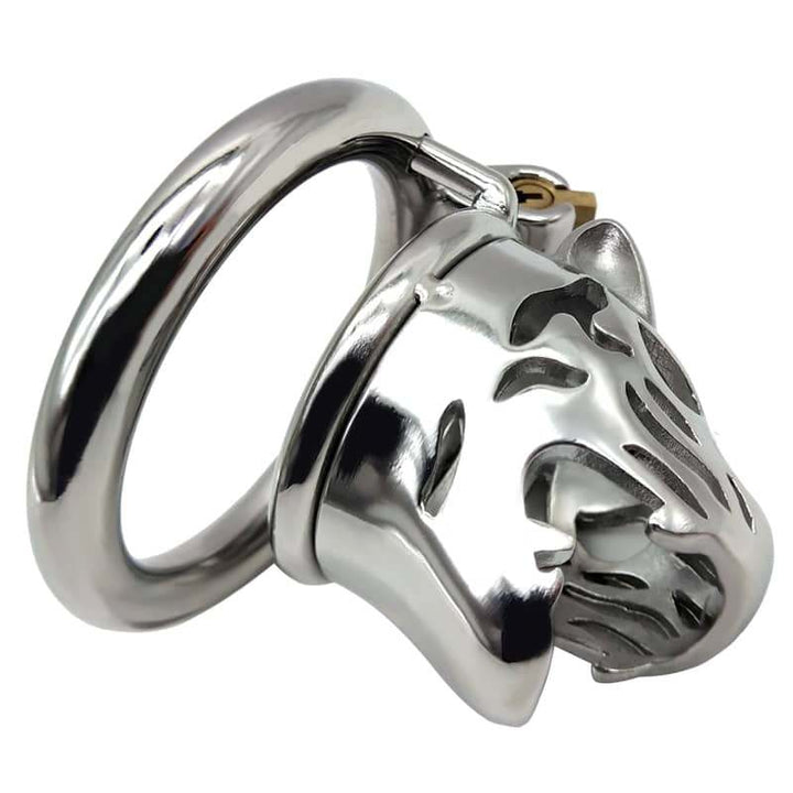 Stainless Steel Leopard Tiger Head Chastity Cage, Male Cock Ring - 50 Shades of Toys