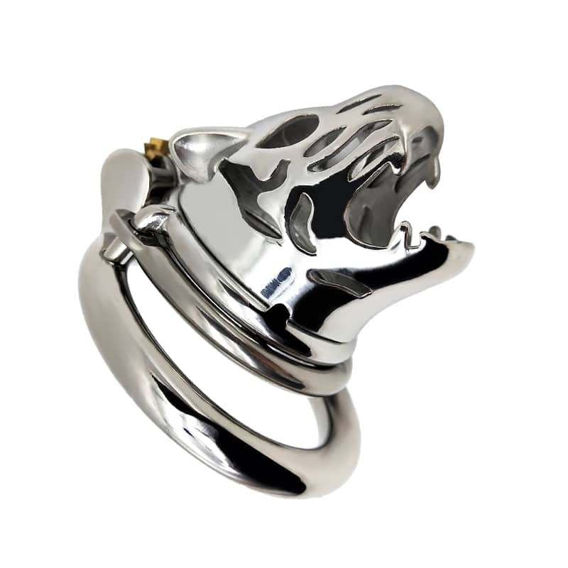 Stainless Steel Leopard Tiger Head Chastity Cage, Male Cock Ring - 50 Shades of Toys